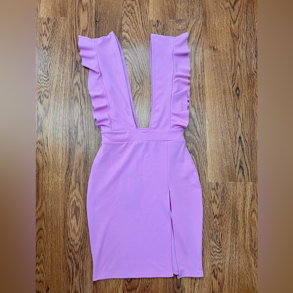 PrettyLittleThing Lilac Bodycon Frill Plunge Neck Ruffle Dress Clubwear Dance
